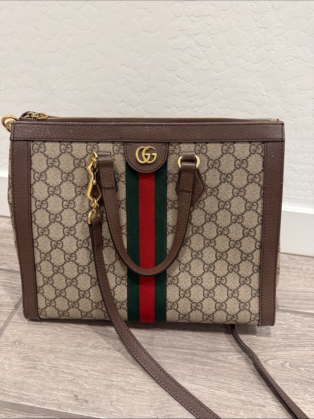 Gucci Brown GG Supreme Ophidia top handle purse